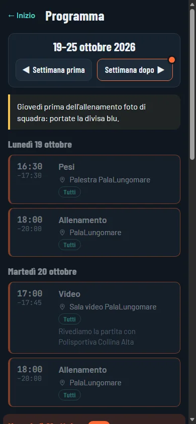 Il sito della squadra sul telefono: programma della settimana con orari e luoghi